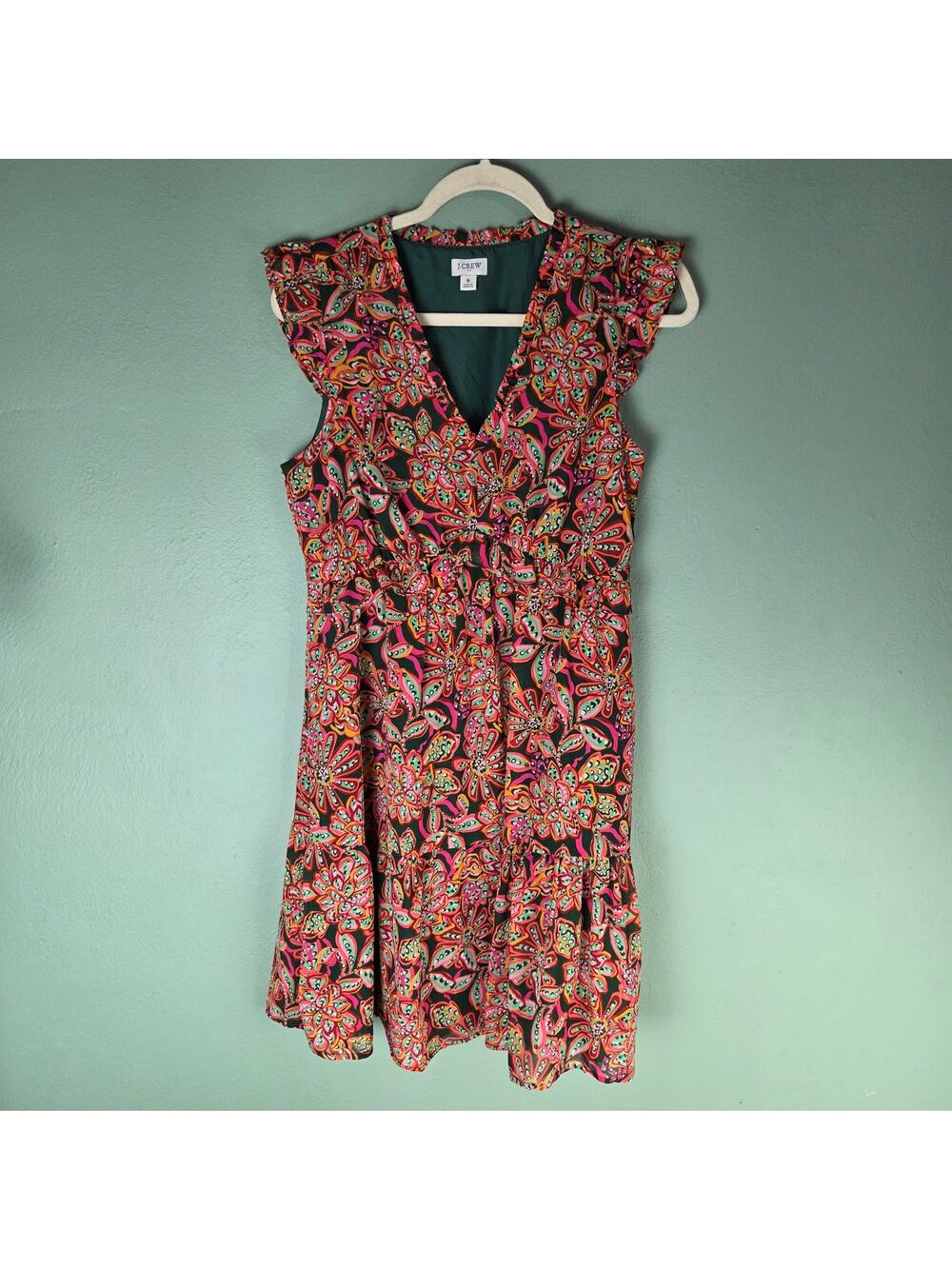 J. Crew Outlet Womens 8 V-Neck Ruffle Mini Dress Colorful Boho Pockets Summer